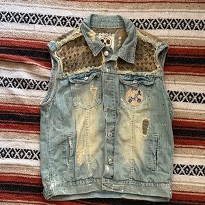 Custom Mens Studded Denim Vest with Vintage Patches & back print
